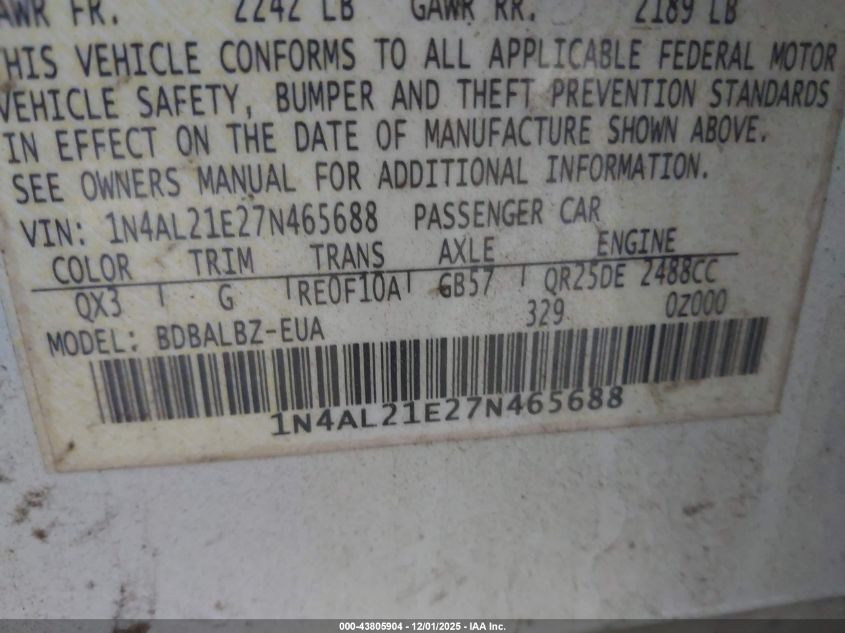 2007 Nissan Altima 2.5 S VIN: 1N4AL21E27N465688 Lot: 43805904