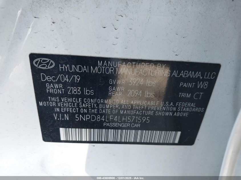 2020 Hyundai Elantra Sel VIN: 5NPD84LF4LH571595 Lot: 43805906