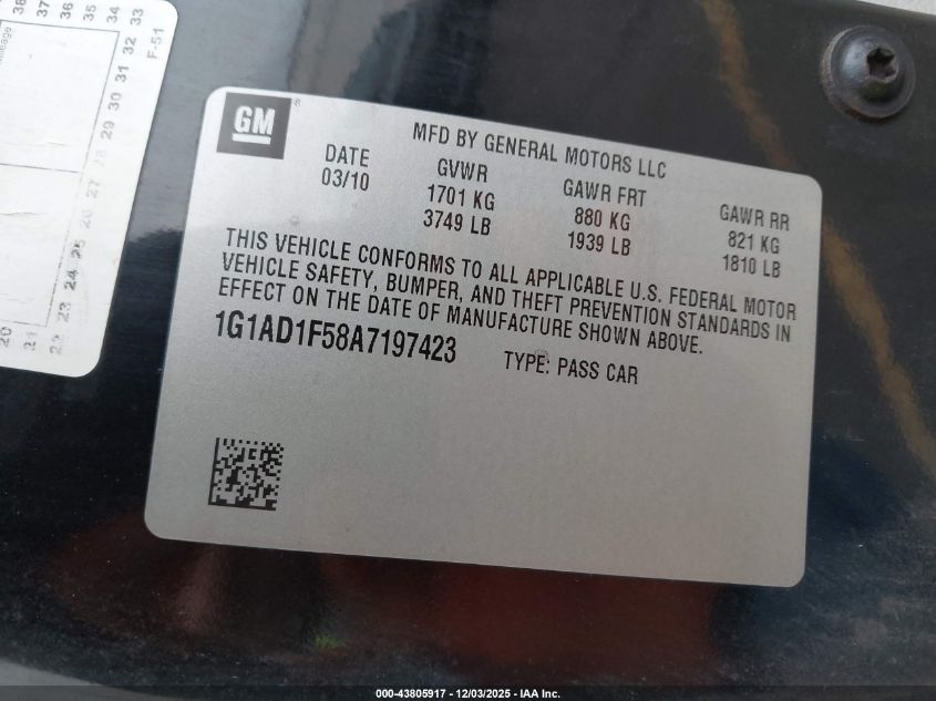 2010 Chevrolet Cobalt Lt VIN: 1G1AD1F58A7197423 Lot: 43805917