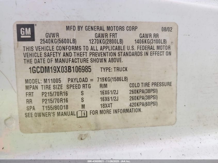 2003 Chevrolet Astro VIN: 1GCDM19X03B106985 Lot: 43805921