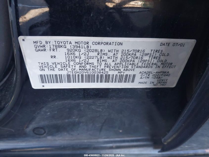 2001 Toyota Rav4 VIN: JTEGH20V610038425 Lot: 43805923