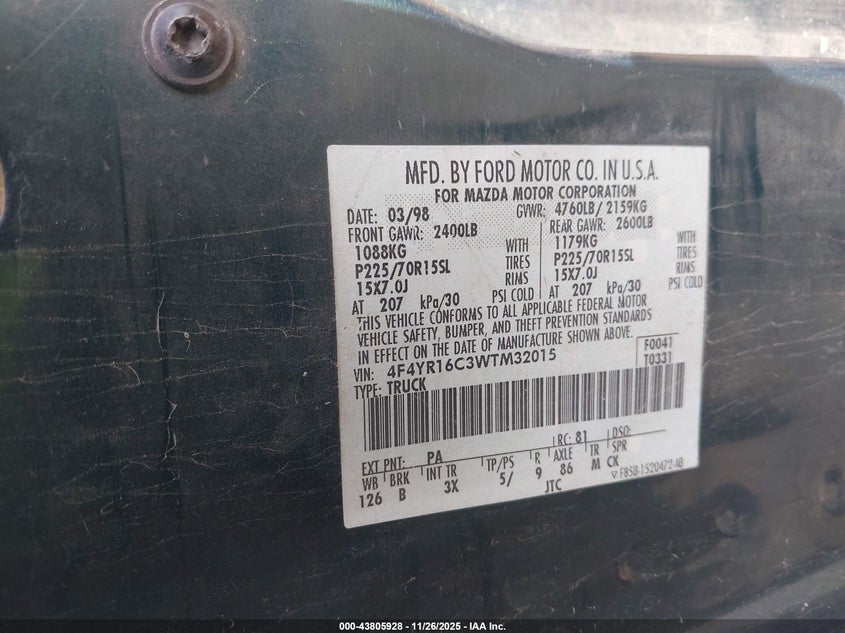 1998 Mazda B2500 Se VIN: 4F4YR16C3WTM32015 Lot: 43805928