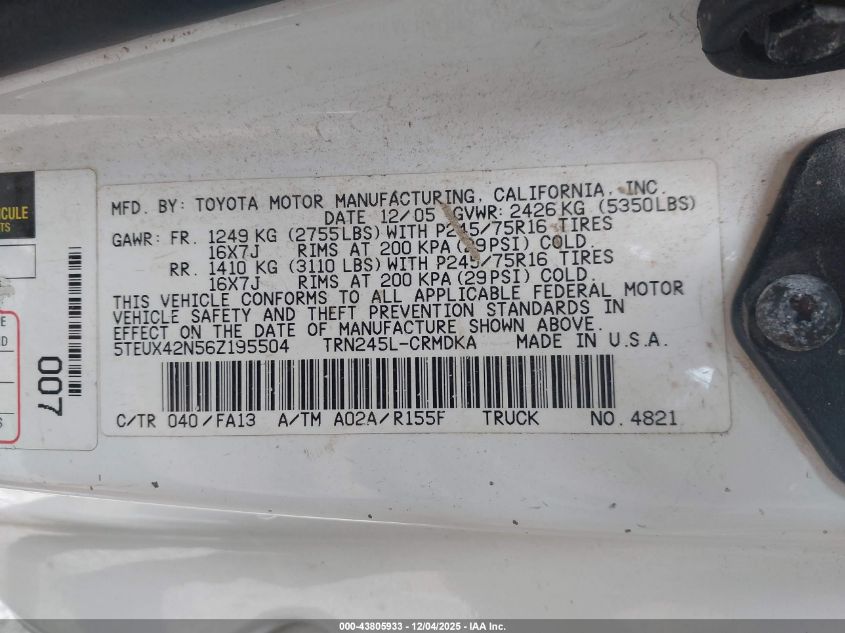 2006 Toyota Tacoma VIN: 5TEUX42N56Z195504 Lot: 43805933