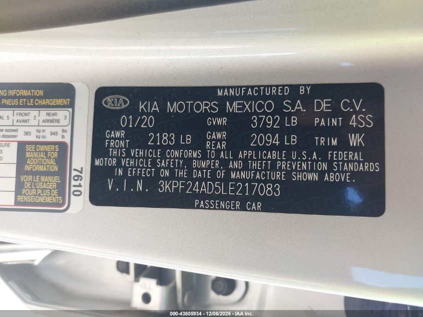 2020 Kia Forte Lxs VIN: 3KPF24AD5LE217083 Lot: 43805934
