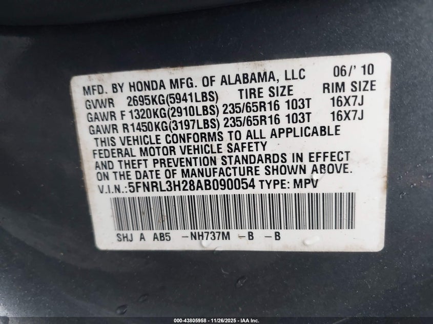 2010 Honda Odyssey Lx VIN: 5FNRL3H28AB090054 Lot: 43805958