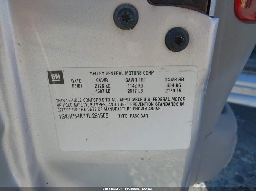 2001 Buick Lesabre Custom VIN: 1G4HP54K114251509 Lot: 43805961