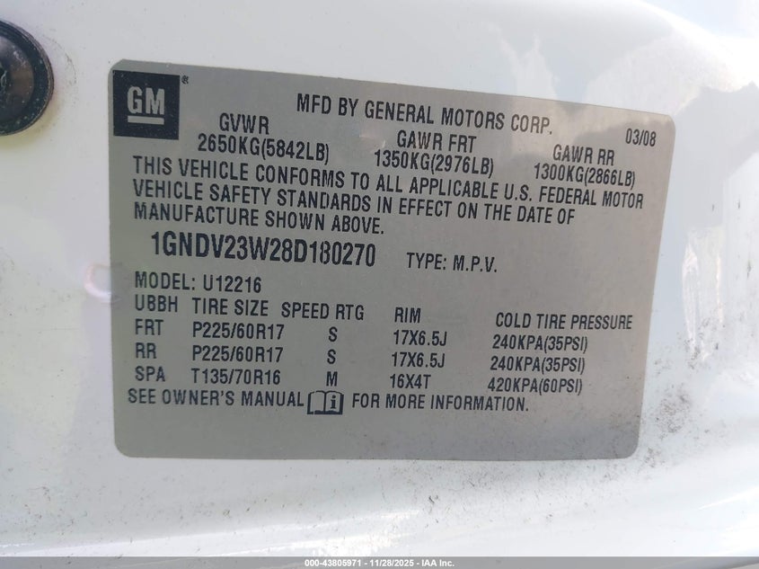 2008 Chevrolet Uplander Ls VIN: 1GNDV23W28D180270 Lot: 43805971