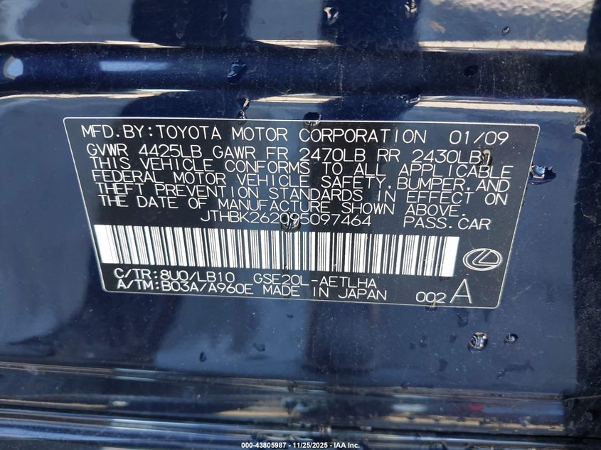 2009 Lexus Is 250 VIN: JTHBK262095097464 Lot: 43805987