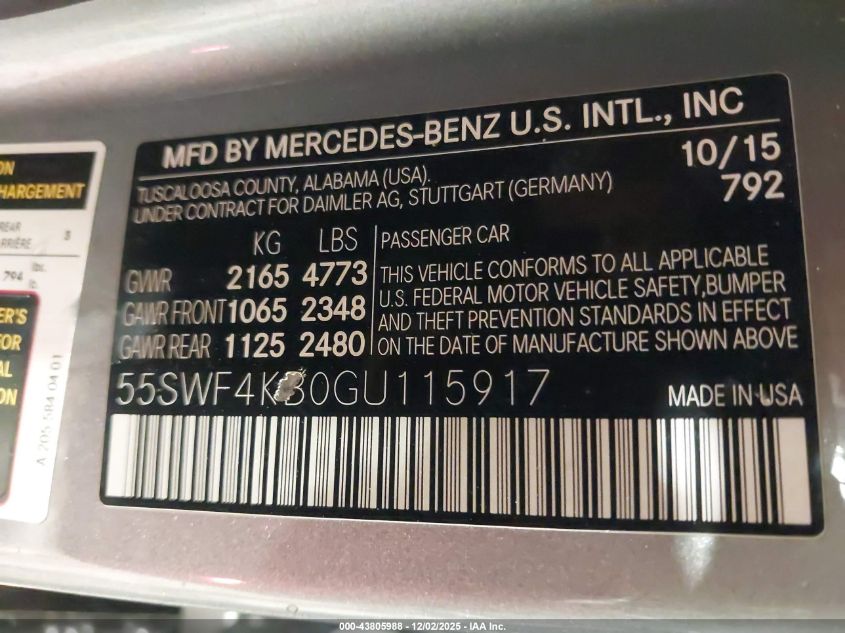 2016 Mercedes-Benz C 300 Sport 4Matic VIN: 55SWF4KB0GU115917 Lot: 43805988