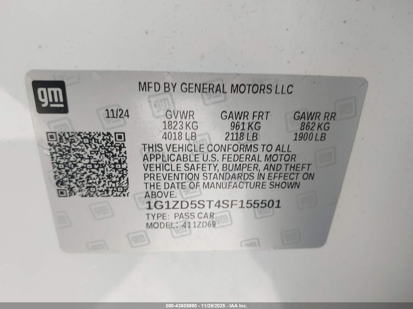 2025 Chevrolet Malibu Fwd 1Lt VIN: 1G1ZD5ST4SF155501 Lot: 43805990