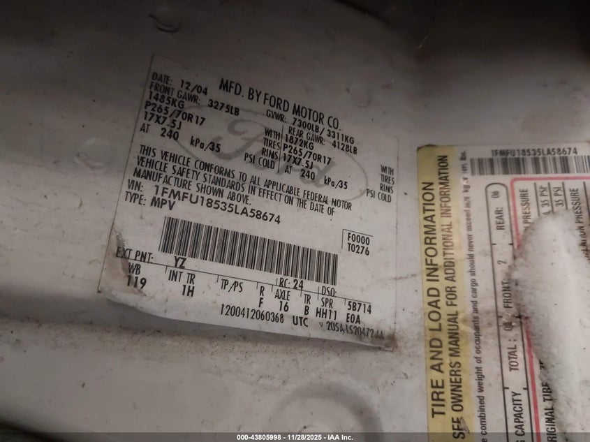 2005 Ford Expedition Eddie Bauer/King Ranch VIN: 1FMFU18535LA58674 Lot: 43805998