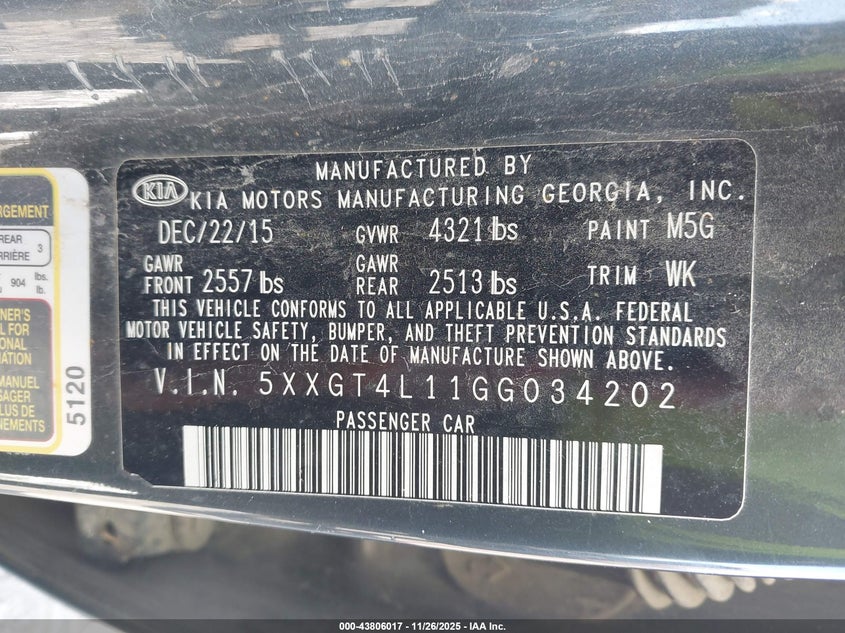 2016 Kia Optima Lx Turbo VIN: 5XXGT4L11GG034202 Lot: 43806017