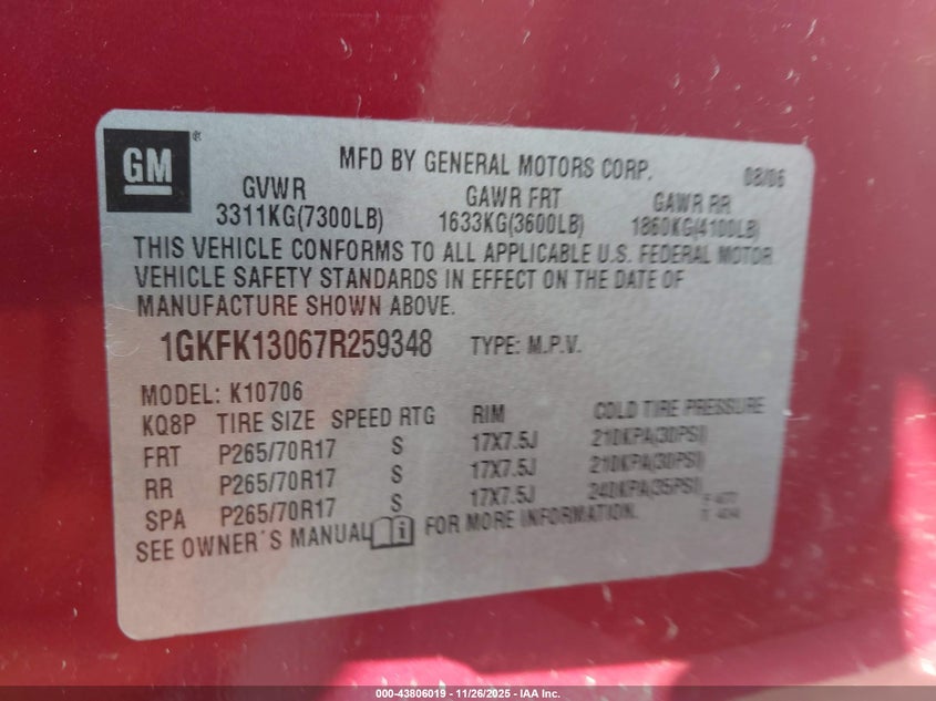 2007 GMC Yukon Commercial Fleet VIN: 1GKFK13067R259348 Lot: 43806019