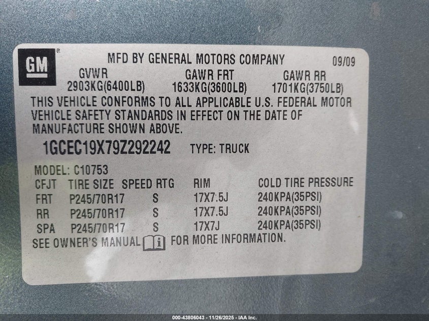 2009 Chevrolet Silverado 1500 Work Truck VIN: 1GCEC19X79Z292242 Lot: 43806043