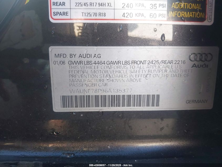 2006 Audi A3 2.0T VIN: WAUNF78P96A135377 Lot: 43806057