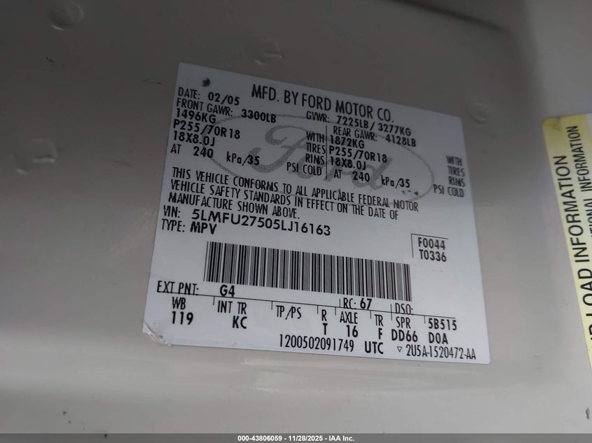 2005 Lincoln Navigator VIN: 5LMFU27505LJ16163 Lot: 43806059