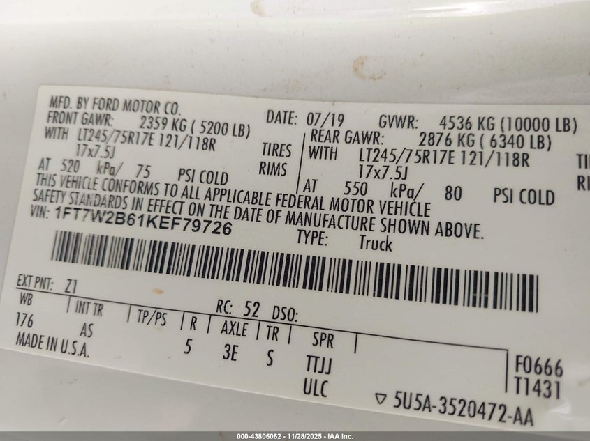2019 Ford F-250 Xl VIN: 1FT7W2B61KEF79726 Lot: 43806062
