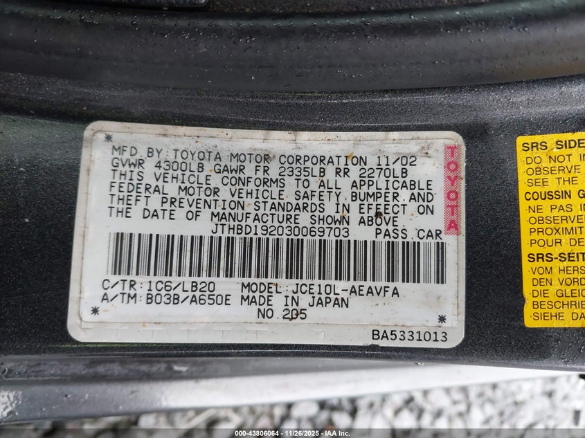 2003 Lexus Is 300 VIN: JTHBD192030069703 Lot: 43806064