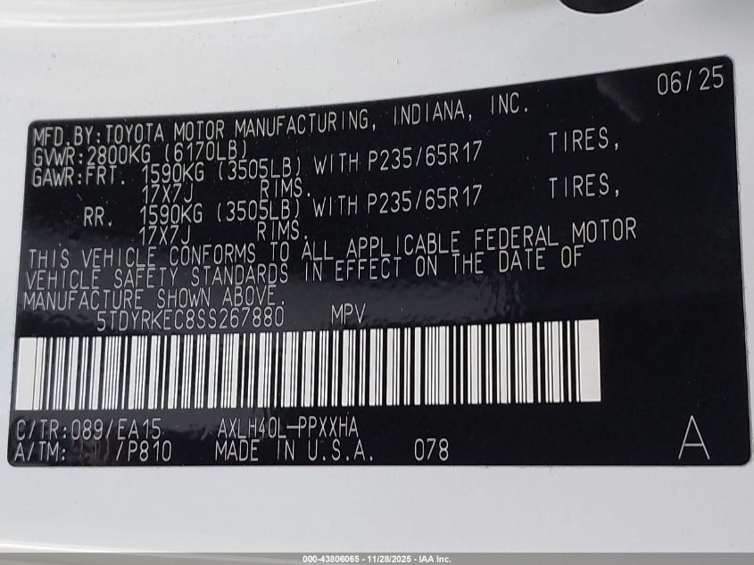 2025 Toyota Sienna Xle VIN: 5TDYRKEC8SS267880 Lot: 43806065