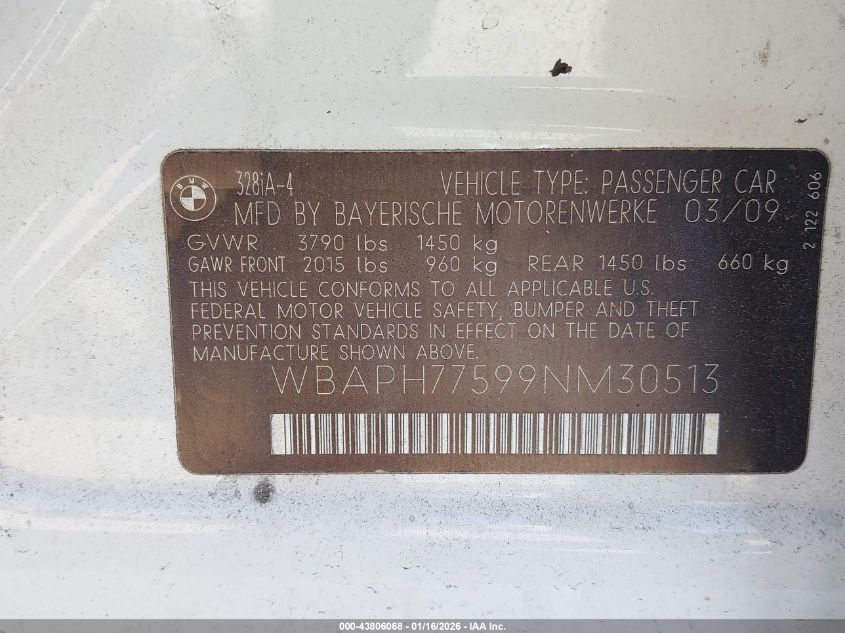 2009 BMW 328I VIN: WBAPH77599NM30513 Lot: 43806068