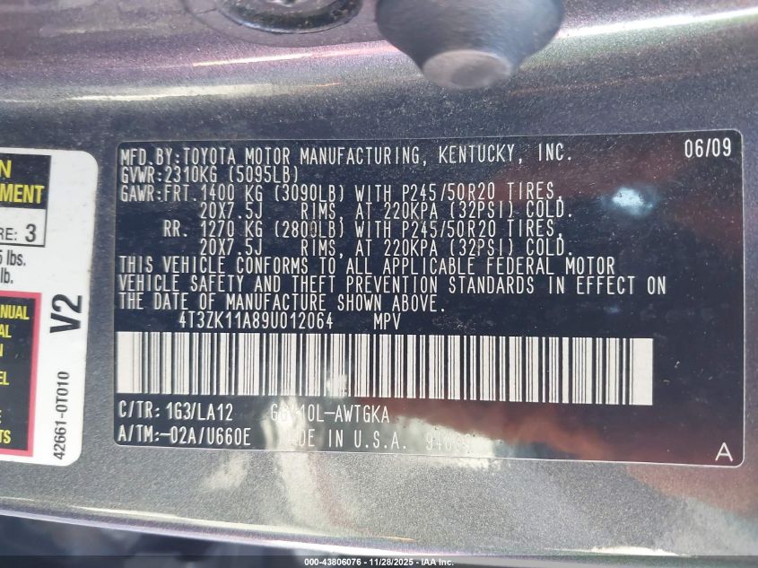 2009 Toyota Venza Base V6 VIN: 4T3ZK11A89U012064 Lot: 43806076