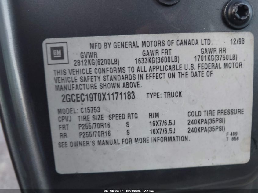 1999 Chevrolet Silverado 1500 Lt VIN: 2GCEC19T0X1171183 Lot: 43806077