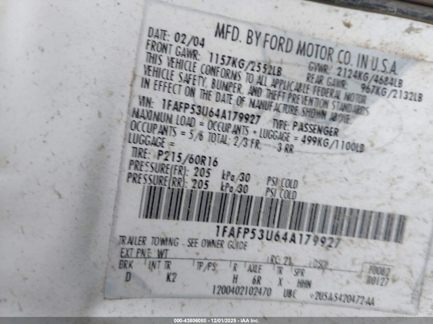 2004 Ford Taurus Se VIN: 1FAFP53U64A179927 Lot: 43806080