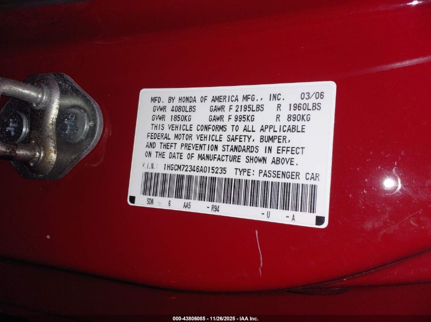 2006 Honda Accord 2.4 Lx VIN: 1HGCM72346A015235 Lot: 43806085