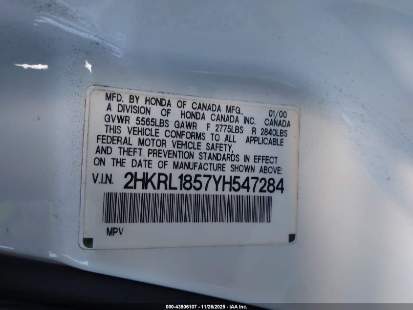 2000 Honda Odyssey Lx VIN: 2HKRL1857YH547284 Lot: 43806107