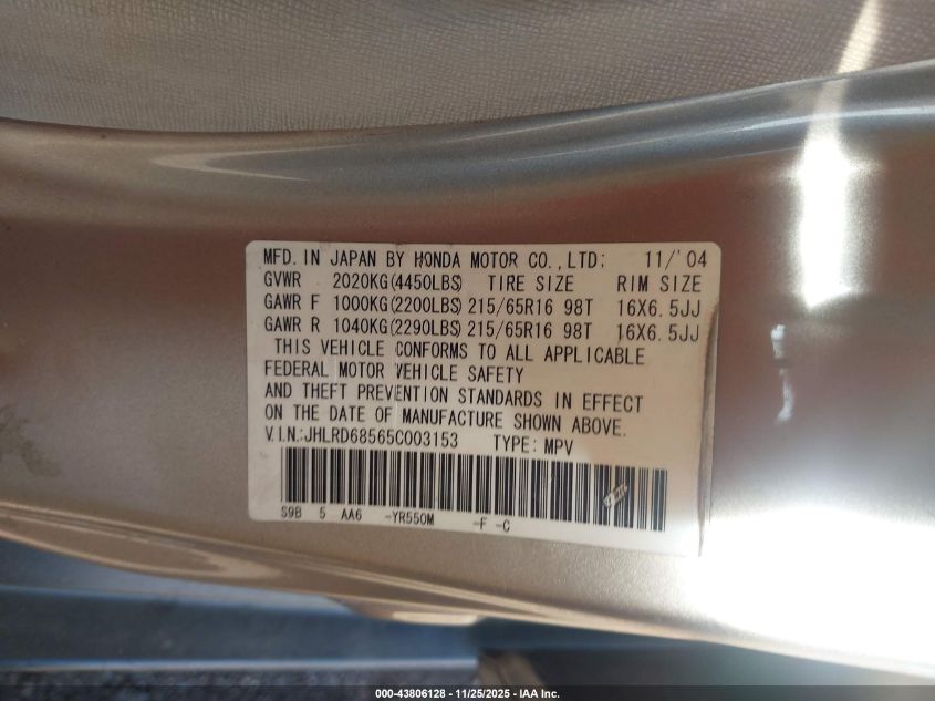 2005 Honda Cr-V Lx VIN: JHLRD68565C003153 Lot: 43806128
