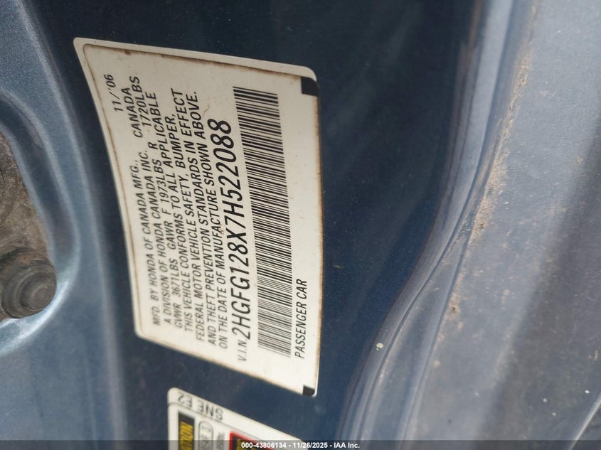 2007 Honda Civic Ex VIN: 2HGFG128X7H522088 Lot: 43806134