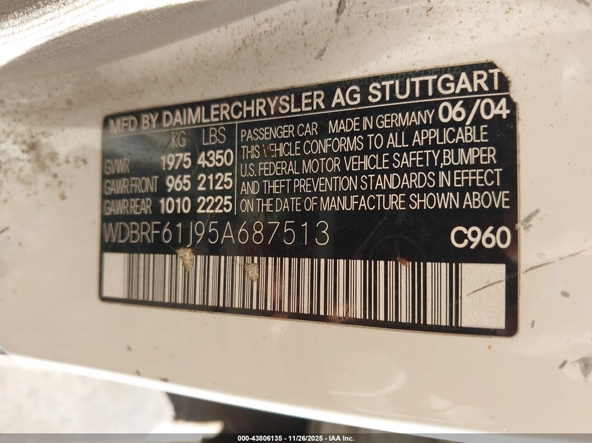 2005 Mercedes-Benz C 240 Luxury VIN: WDBRF61J95A687513 Lot: 43806135