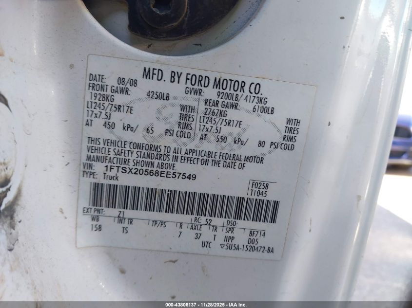 2008 Ford F-250 Lariat/Xl/Xlt VIN: 1FTSX20568EE57549 Lot: 43806137