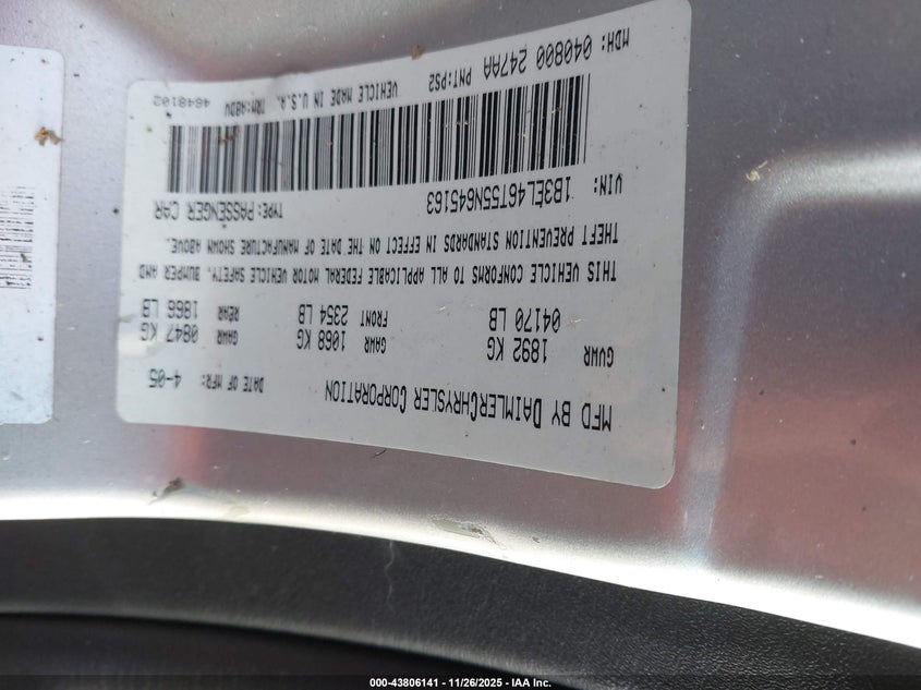 2005 Dodge Stratus Sxt VIN: 1B3EL46T55N645163 Lot: 43806141