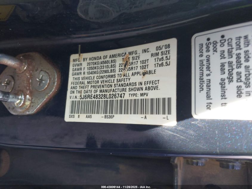 2008 Honda Cr-V Lx VIN: 5J6RE48328L026747 Lot: 43806144