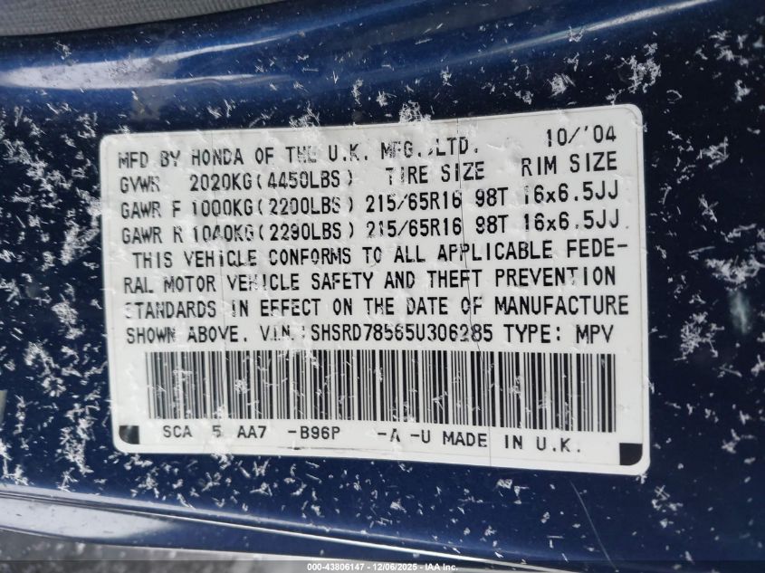 2005 Honda Cr-V Lx VIN: SHSRD78565U306285 Lot: 43806147