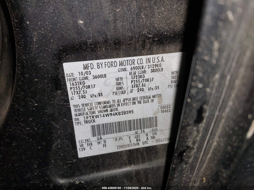 2004 Ford F-150 Xlt VIN: 1FTRW14W94KB28595 Lot: 43806150