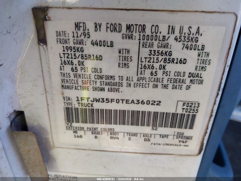 1996 Ford F350 VIN: 1FTJW35F0TEA36022 Lot: 43806151