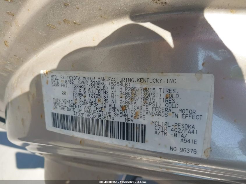 2003 Toyota Sienna Ce VIN: 4T3ZF19C33U536174 Lot: 43806153