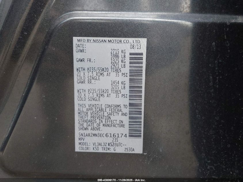 2014 Nissan Pathfinder Platinum VIN: 5N1AR2MN3EC616174 Lot: 43806170