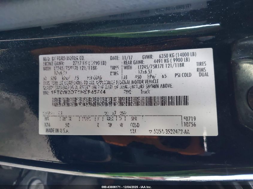 2017 Ford F-350 Lariat VIN: 1FT8W3DT1HEF45744 Lot: 43806171