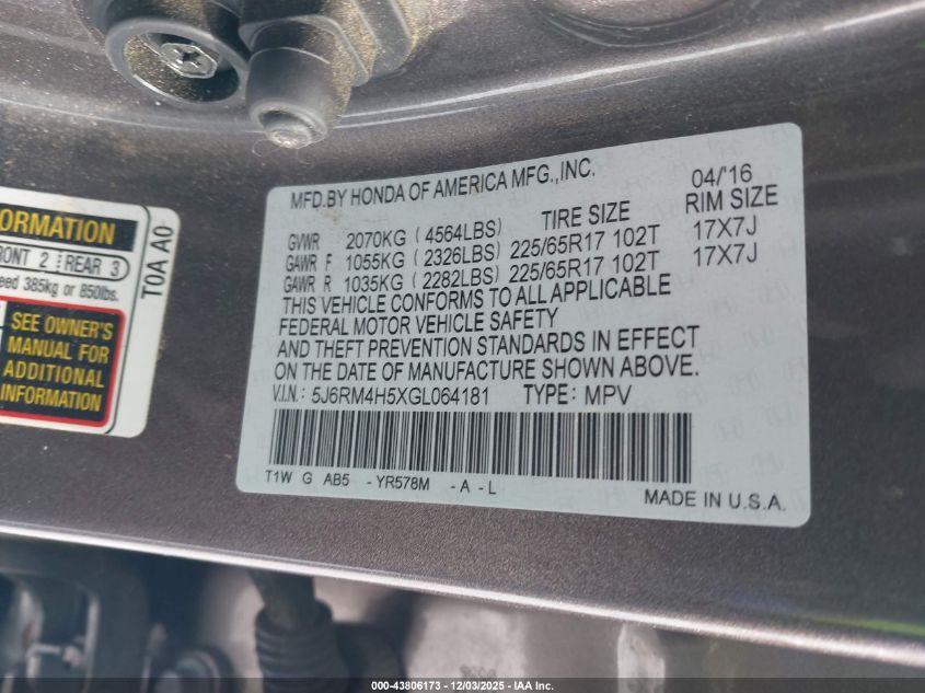 2016 Honda Cr-V Ex VIN: 5J6RM4H5XGL064181 Lot: 43806173