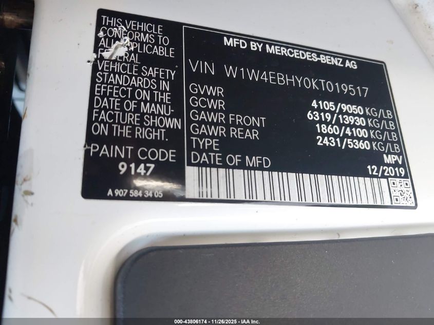 2019 Mercedes-Benz Sprinter 2500 Standard Roof V6 VIN: W1W4EBHY0KT019517 Lot: 43806174