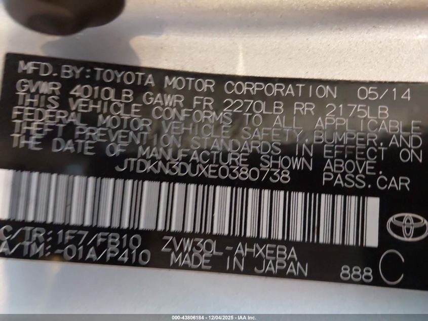 2014 Toyota Prius Three VIN: JTDKN3DUXE0380738 Lot: 43806184