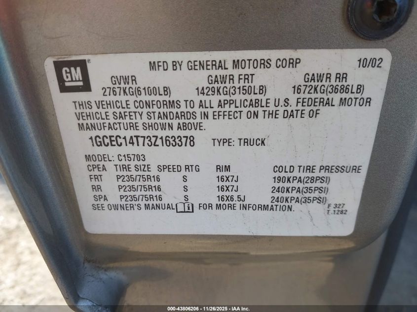 2003 Chevrolet Silverado 1500 Ls VIN: 1GCEC14T73Z163378 Lot: 43806206