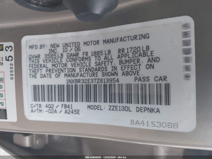 2007 Toyota Corolla Le VIN: 1NXBR32E37Z813954 Lot: 43806208