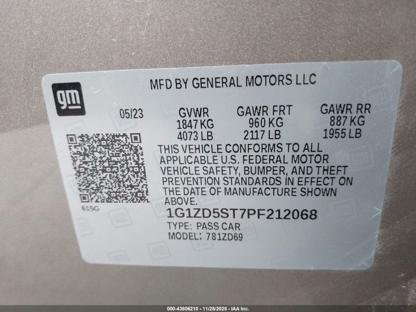 2023 Chevrolet Malibu Fwd 1Lt VIN: 1G1ZD5ST7PF212068 Lot: 43806210