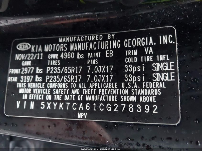 2012 Kia Sorento Lx VIN: 5XYKTCA61CG278392 Lot: 43806211