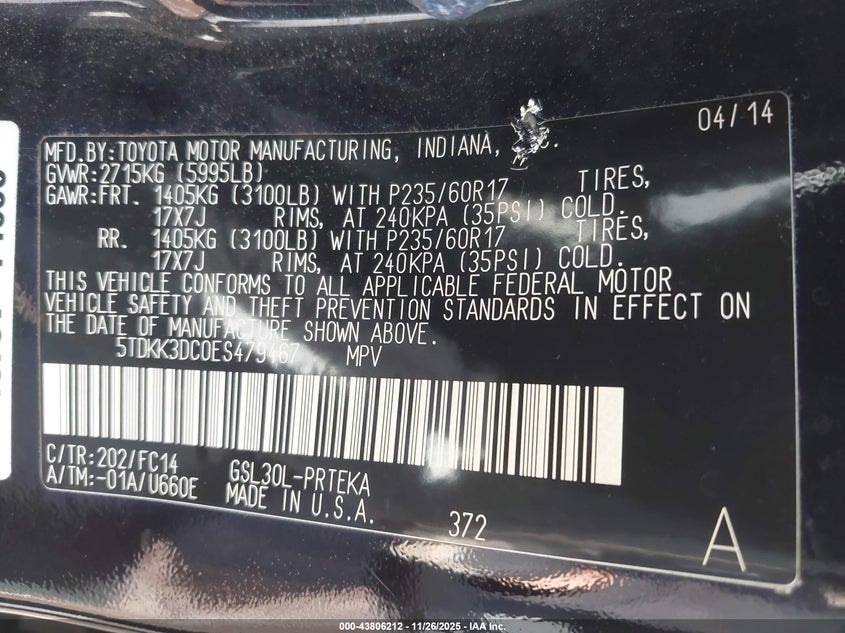 2014 Toyota Sienna Le V6 8 Passenger VIN: 5TDKK3DC0ES479467 Lot: 43806212