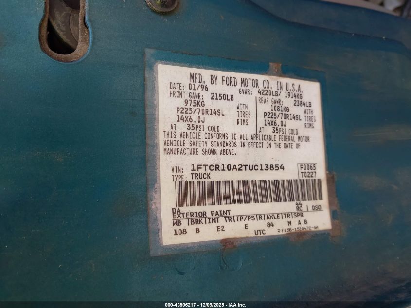1996 Ford Ranger VIN: 1FTCR10A2TUC13854 Lot: 43806217